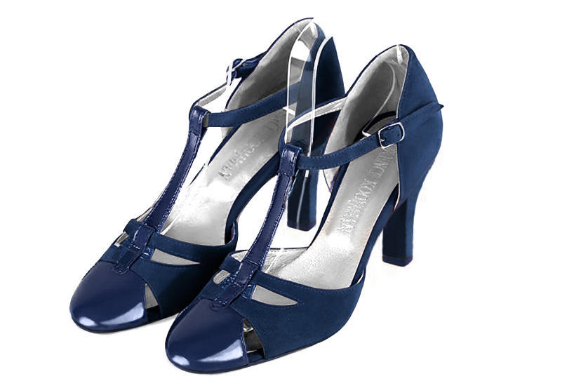 Prussian blue women's T-strap open side shoes. Round toe. High kitten heels. Front view - Florence KOOIJMAN